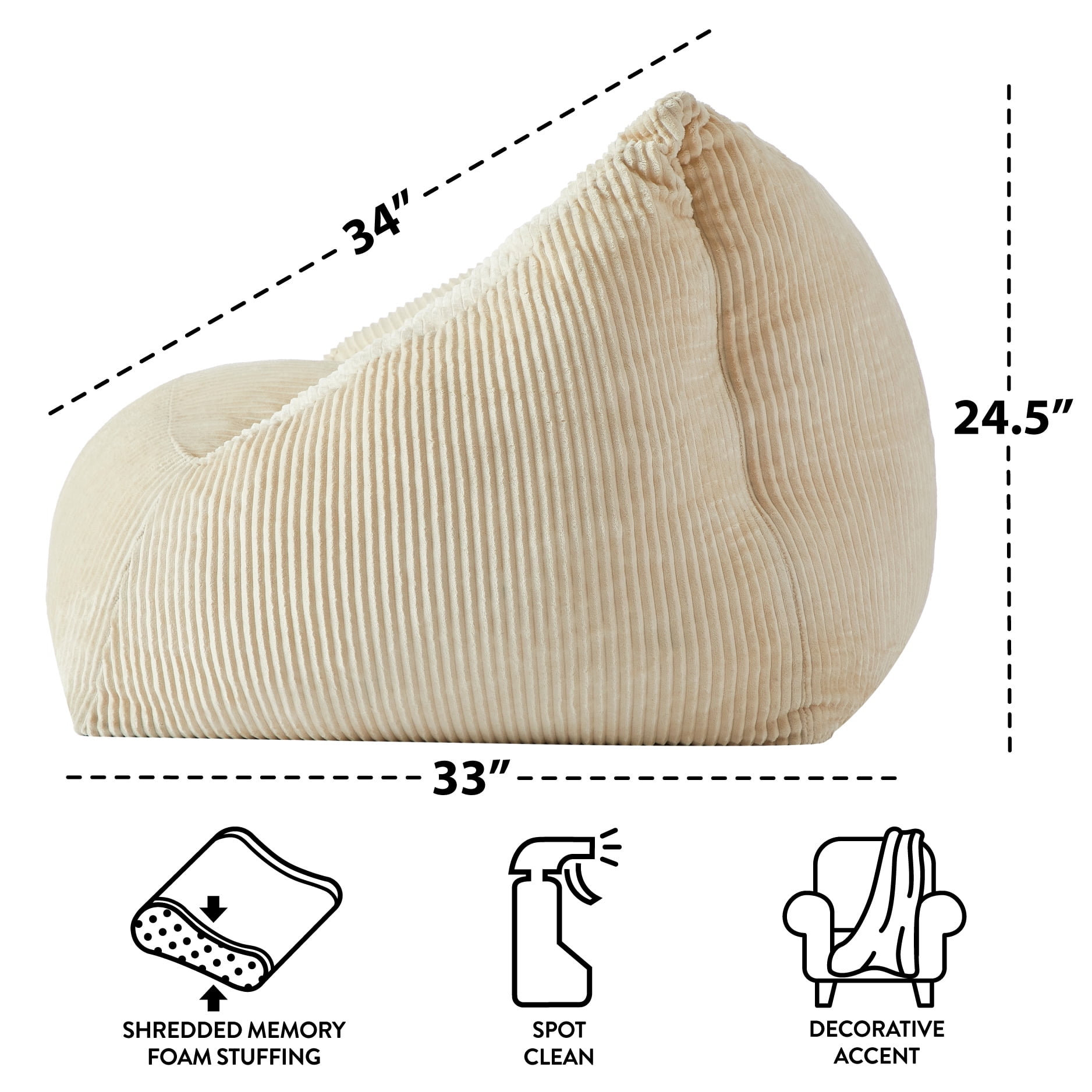 Mainstays Becky G Ribbed Plush Compressed Foam Chair, Payrus Beige for Teens and Adults
