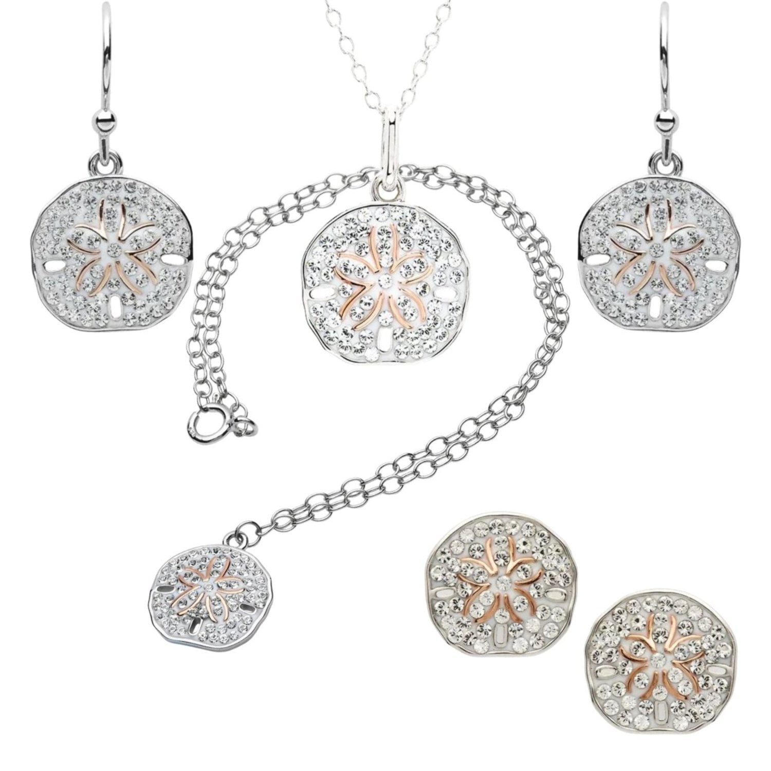 Sterling Silver Sand Dollar Drop Earrings with Clear Crystals
