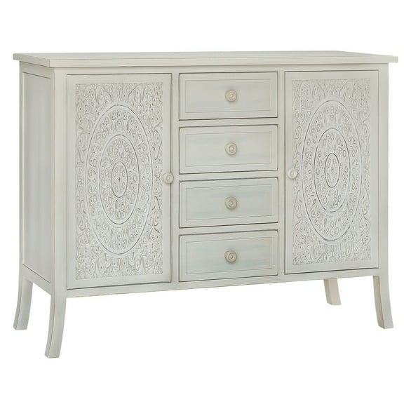Gallerie Decor Antiqued Carved Large Transitional Wood Cabinet in White