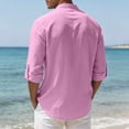 thumbnail image 5 of IROINNID Men Solid Slub Linen Blend Mandarin Collar Half Button Henley Shirt Roll Tab Adjustable Long Sleeve Loose Breathable Casual Vacation Pullover Top(Pink,M)Blouses & Tops, 5 of 9