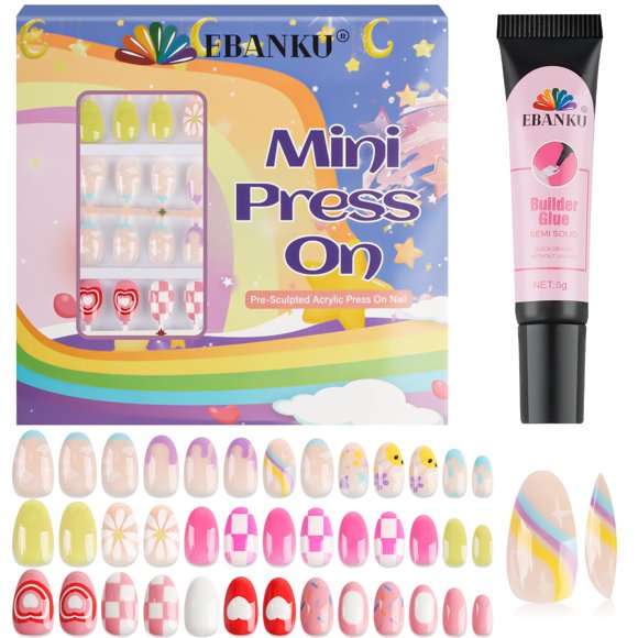 Press on Nails EBANKU Kids, 78 unidades, flor de cubierta completa con pegamento