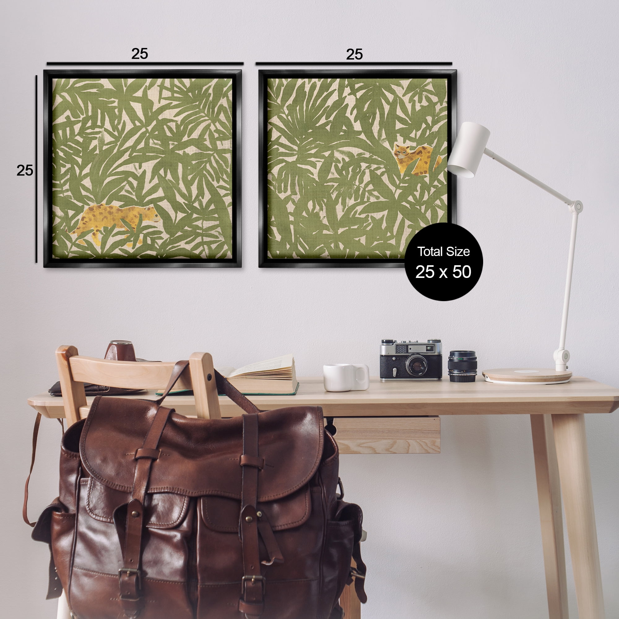 Stupell Industries Hunting Jungle Cat Plants & Flowers Painting Black Floater Framed Canvas Art Print Wall Art, 25 x 25, Set of 2