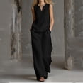 thumbnail image 2 of Women's Cotton Linen 2-Piece Outfit V-Neck Sleeveless Button Detail Top Wide Leg Pants Casual Summer Set Black XL(XL), 2 of 6