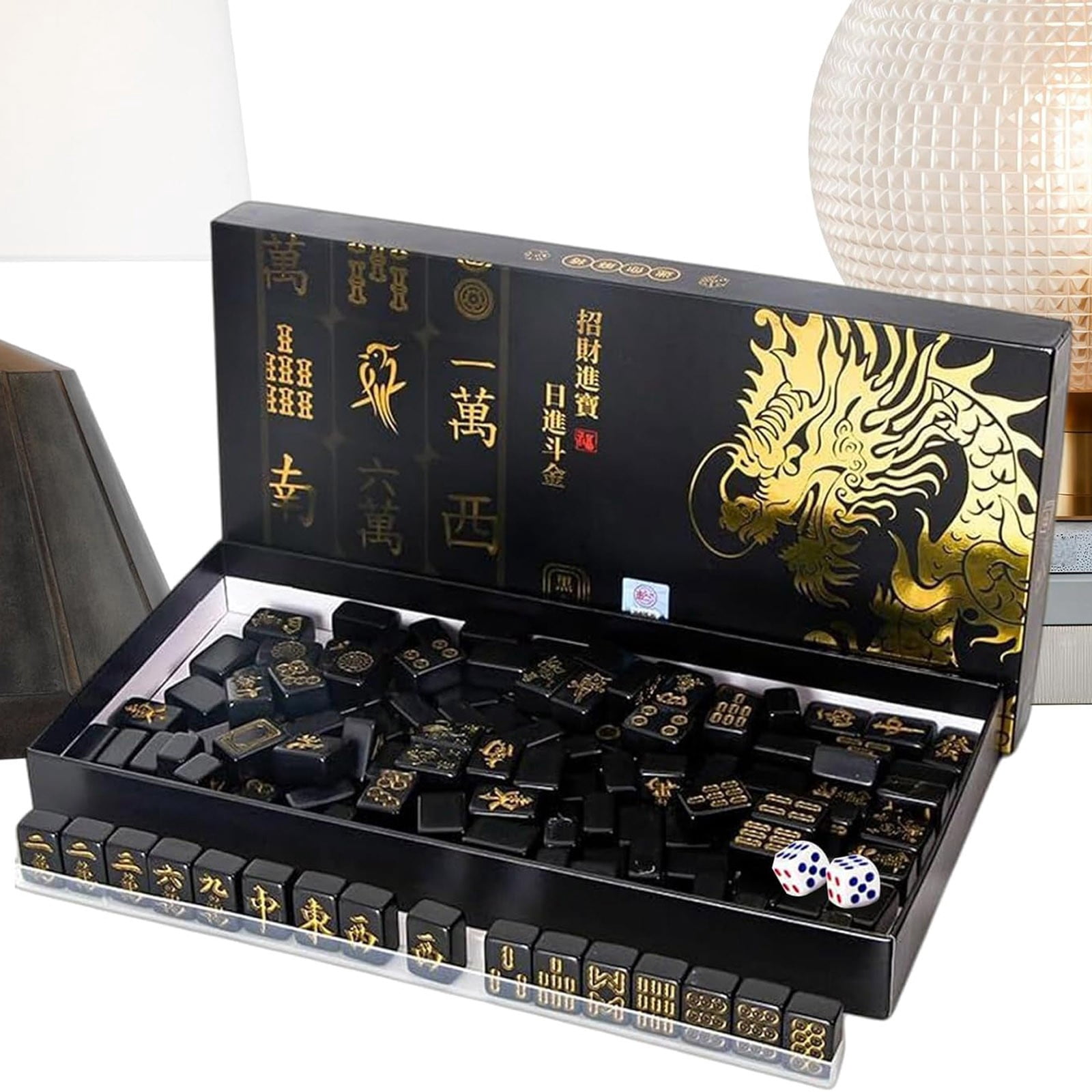 Mahjong Set, Mini Portable Travel Mahjong Tiles Set, Compact Black Mahjong Game with Gold Characters, Melamine Mahjong Set for Family Gatherings Parties