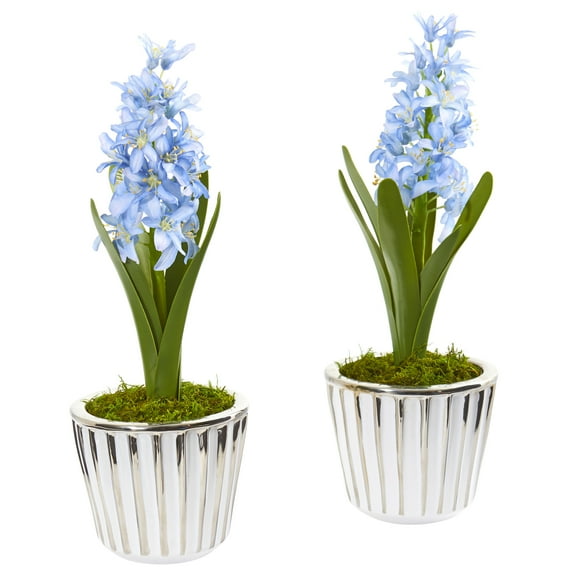Nearly Natural 13in. Hyacinth Artificial Arrangement in White Vase with Silver Trimming (Set of 2)