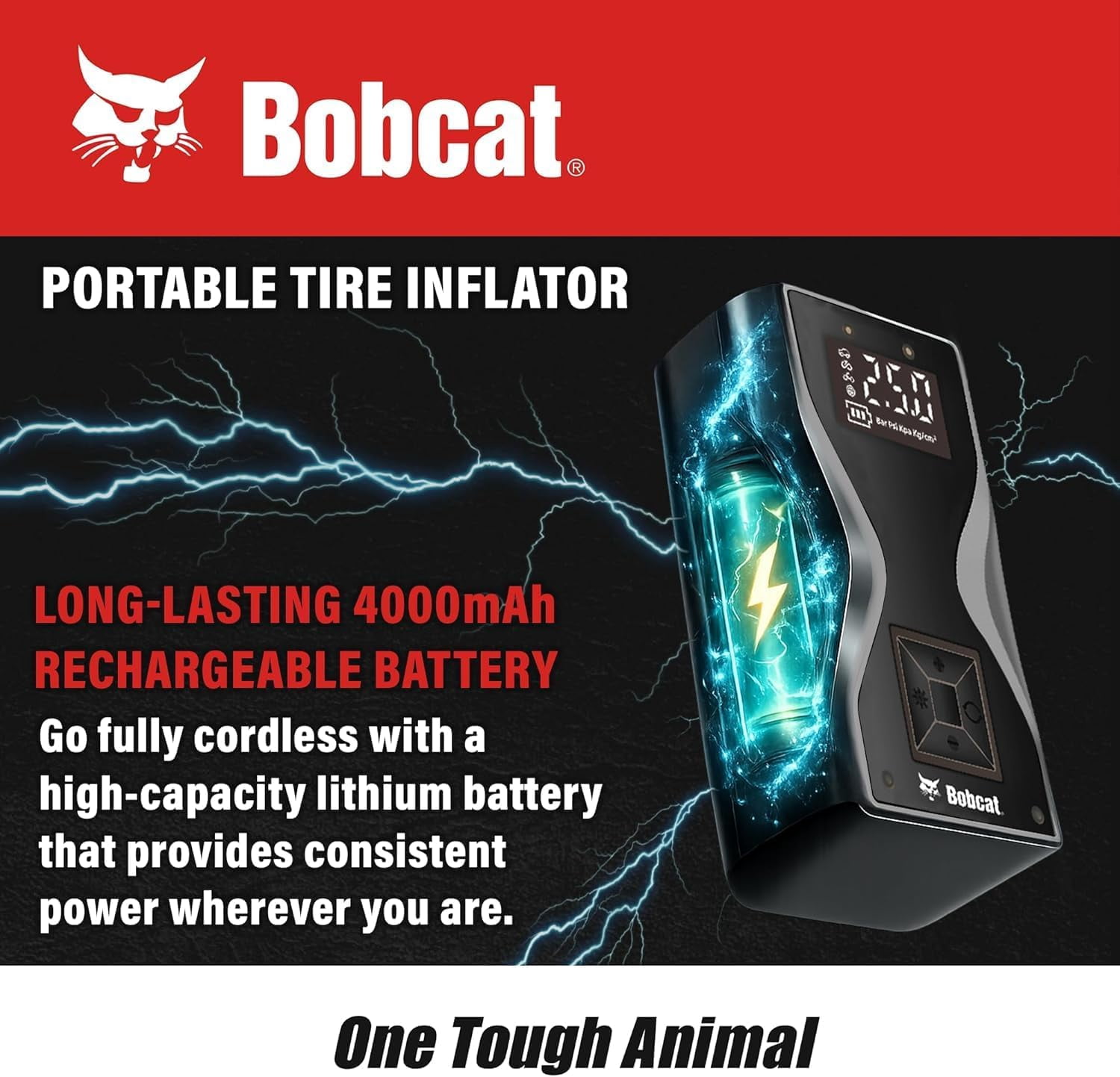 Bobcat Tire Inflator Portable Air Compressor 4000 mAh – 150 PSI Cordless Air Pump for Car Tires with Digital Pressure Gauge, Auto Shut-Off – Portable Air Pump for Car, Motorcycles, Bikes & Balls