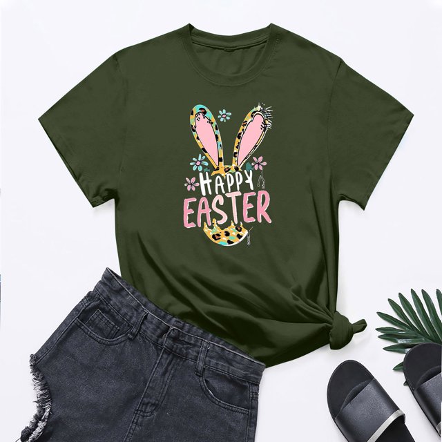 UPPADA Femmes Heureux Easter T-Shirt Bunny Lapin Graphique T-Shirt Manche Courte Drôle Lettres Imprimées Chemises Manche Courte Col Rond Tuniques Hauts Vert Armée,TG