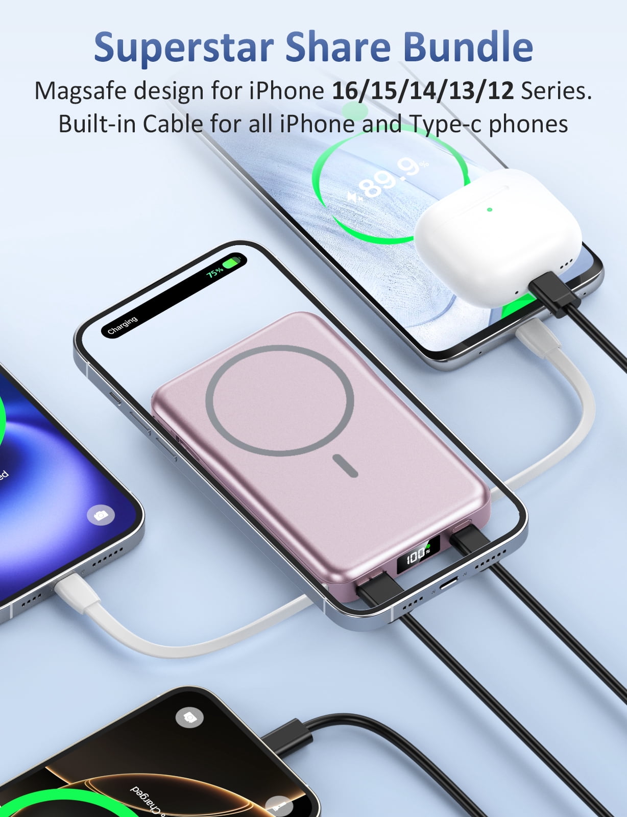 Magnetic Portable Charger, 10000mAh Power Bank, 5 in 1 Portable Charger with Built in Cable, 20W Fast Charging for Battery Pack Compatible with iPhone 17/16/15/14/13 , Samsung Series