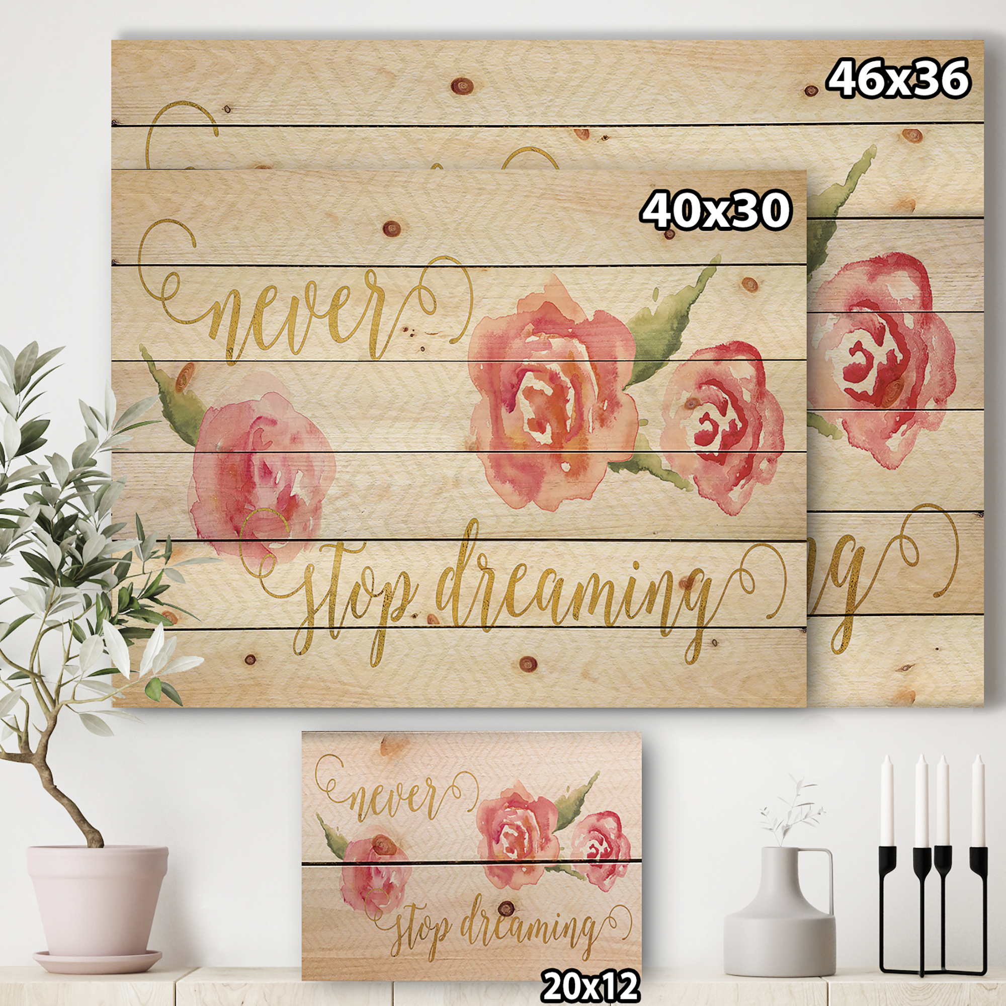 Designart 'Never Stop Dreaming Gold' Shabby Chic Print on Natural Pine Wood