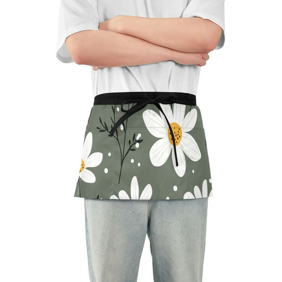 White Flowers on Green Waist Apron Adjustable Server Half Apron Kitchen Cooking with 3 Pockets for Men Women