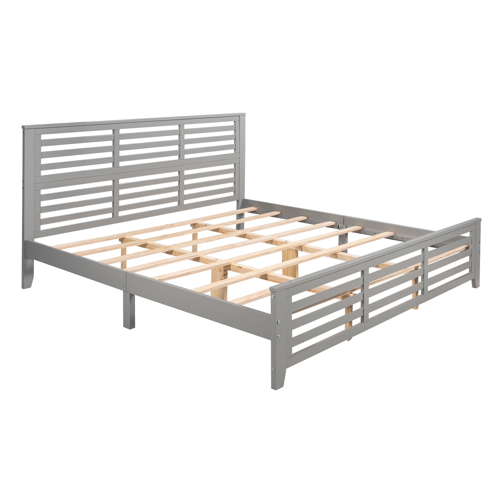 EUROCO King Size Wood Platform Bed with Slatted Shaped Headboard & Footboard, Gray