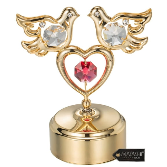 24K Gold Plated Music Box with Clear Crystal Studded Love Doves Red Crystal Studded Heart Figurine on a Smooth Base by