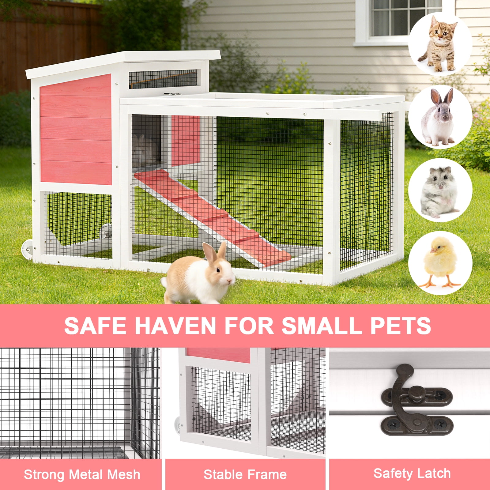 TIMHAKA 2-Story Rabbit Hutch, Wooden Bunny Cage w/ Chew-Proof Ramp & Wheels & Pull-Out Tray for Rabbits & Small Animals, White & Pink