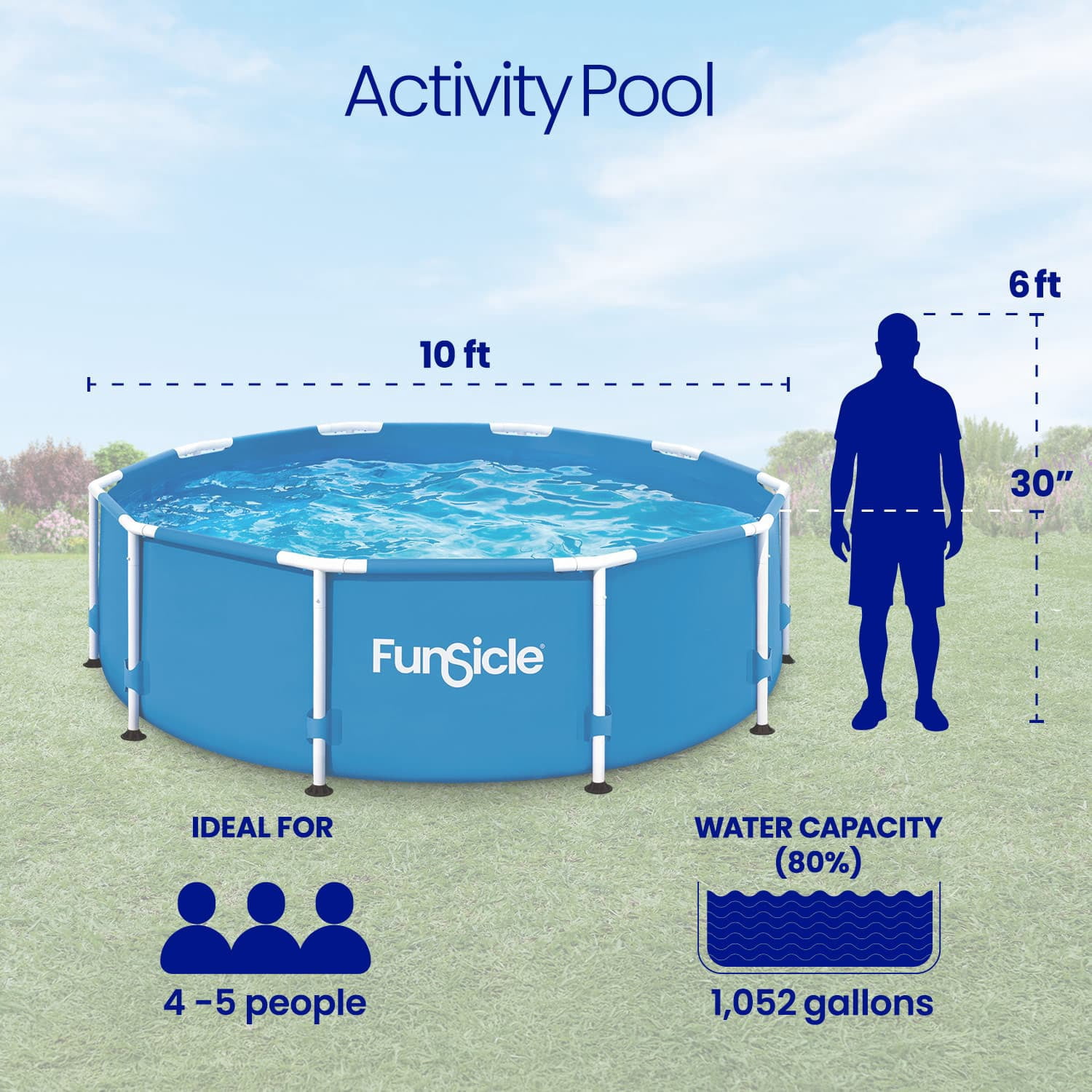 Funsicle Activity Above Ground Metal Frame Swimming Pool – 10' x 30", Backyard Games For Kids & Adults, Round, Blue