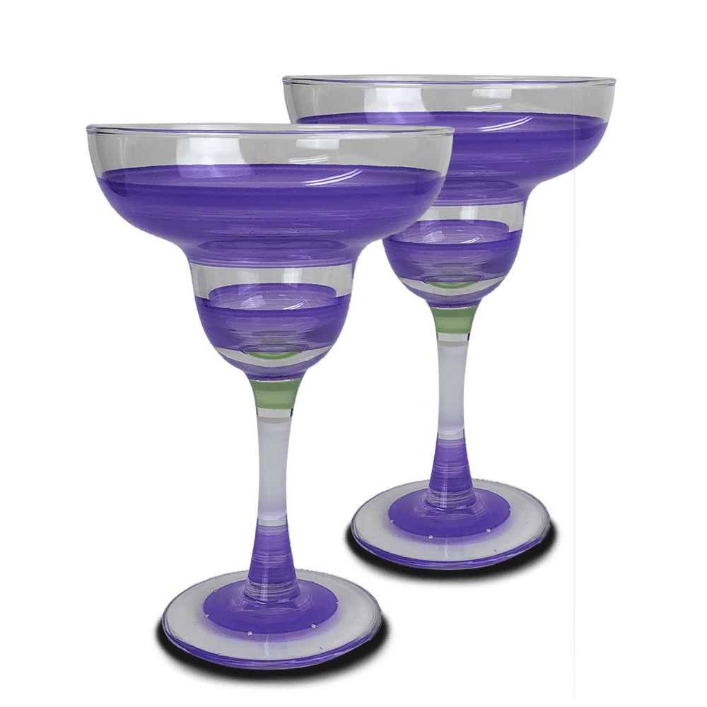 Set of 2 Blue Retro Stripe Hand Painted Margarita Drinking Glasses 12 Ounces