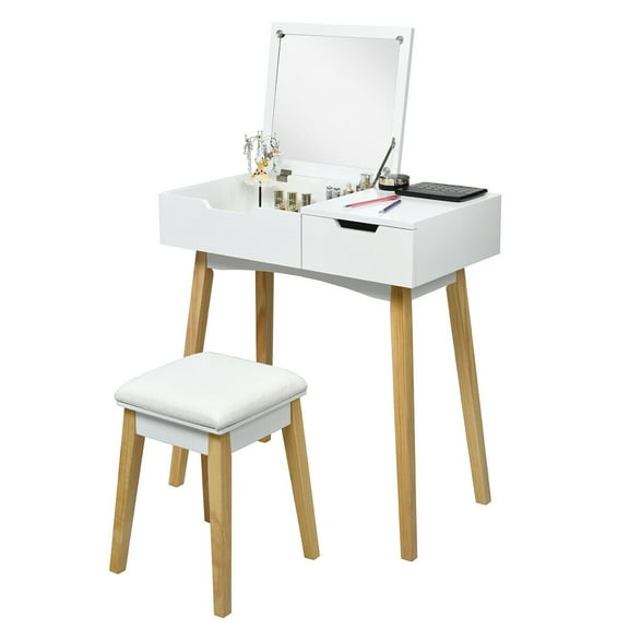 Gymax Vanity Makeup Table Cushioned Stool Set with Flip Top Mirror & 1 Drawer Writing Desk