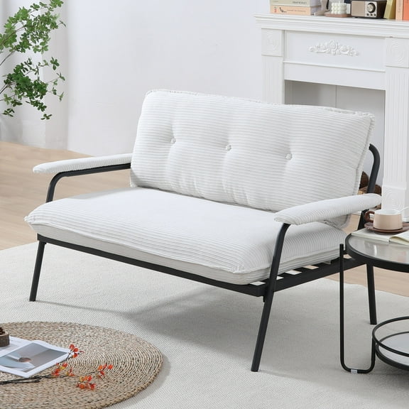 Nmkwnr 2 Seater Corduroy Sofa Couch with Metal Frame, 53 inch Loveseat Sofa for Living Room, Office, Bedroom, White