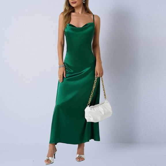 Women's Cowl Neck Satin Maxi Dress Spaghetti Strap Sleeveless Backless Silk Feel Slip Dress Elegant Wedding Guest Cocktail Party Evening Formal Dress
