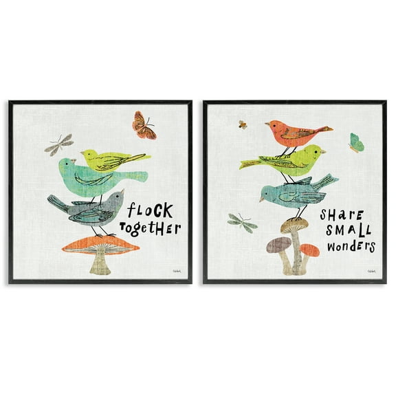 Stupell Industries Flock Together Share Birds Animals Painting Black Framed Art Print Wall Art, 12 x 12, Set of 2