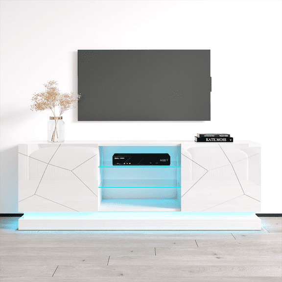 Qiu TV Stand for TVs up to 70", Modern High Gloss 79" Entertainment Center, TV Media Console with Storage Cabinets and LED Lights