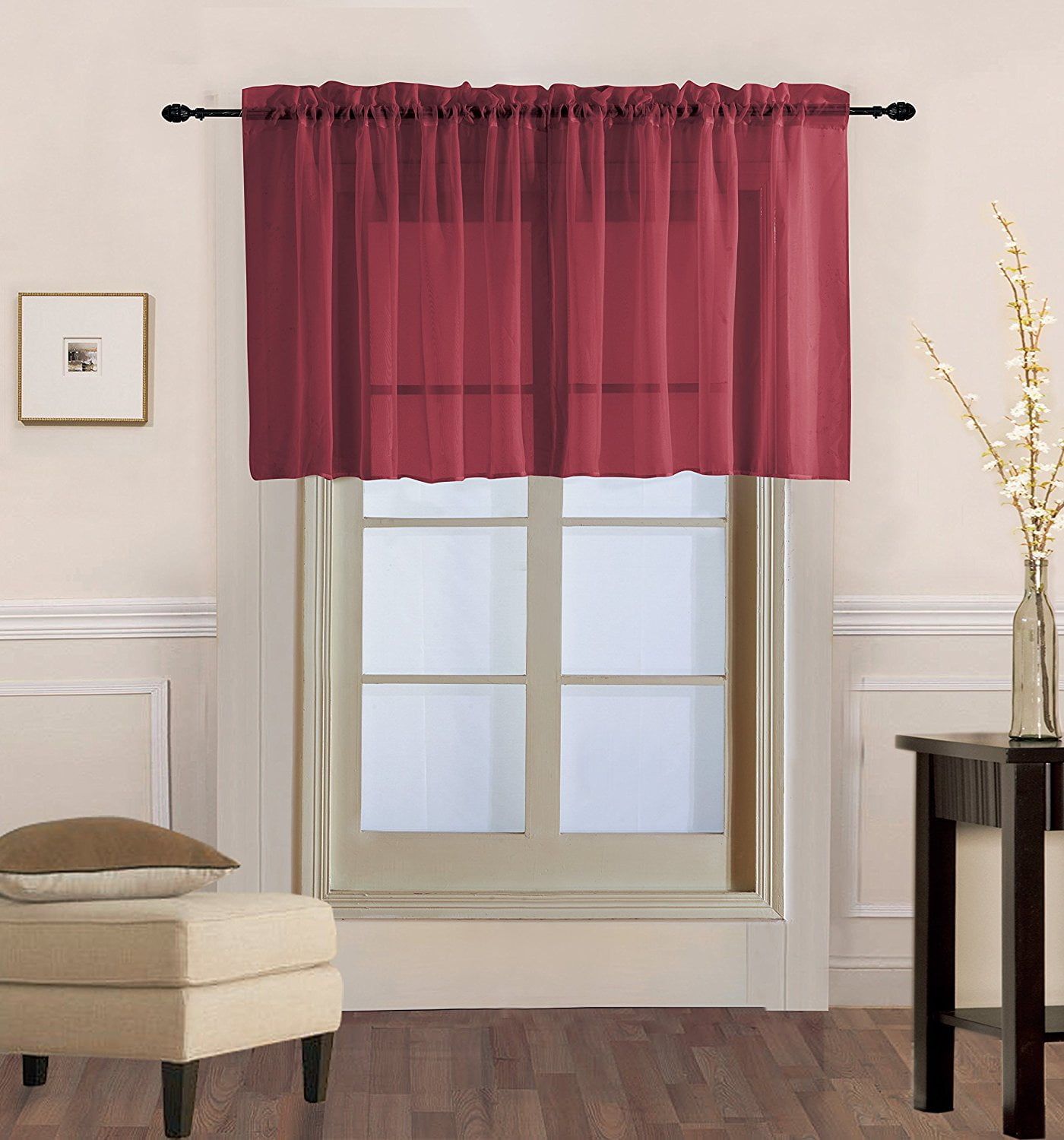 Decotex 1 Piece Sheer Voile Rod Pocket Multi Use Straight Window Curtain Valance Topper (55&quot; X 18&quot;, Burgundy)
