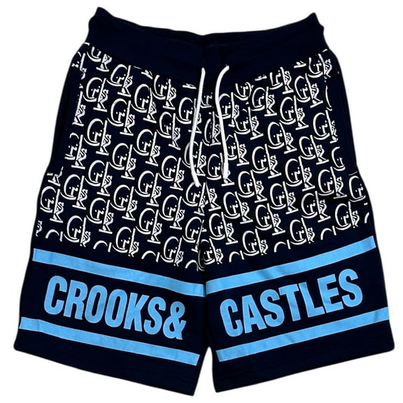 Crooks & Castles Men's Sweatshorts New Core Monogram Fleece Shorts (Small, Navy)