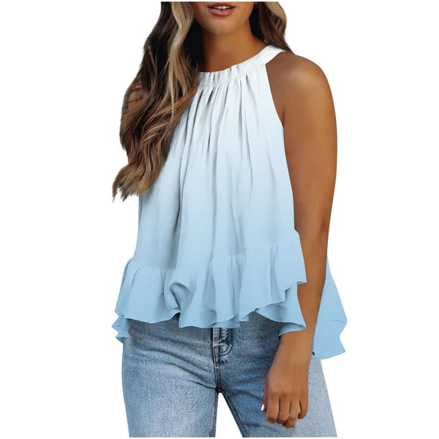 Weiqiqre Womens Tops Adjustable Tie Neckline Ruffle Hem Sleeveless Flowy Halter Tops