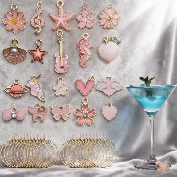 20pcs Wine Glass Charms Set – Wine Charm for Stem Glasses Drink Markers, Pink Enamel Glass Charms with Flower, Seahorse, Heart, Music Note Designs – Wine Glass Tags for Parties & Gifts
