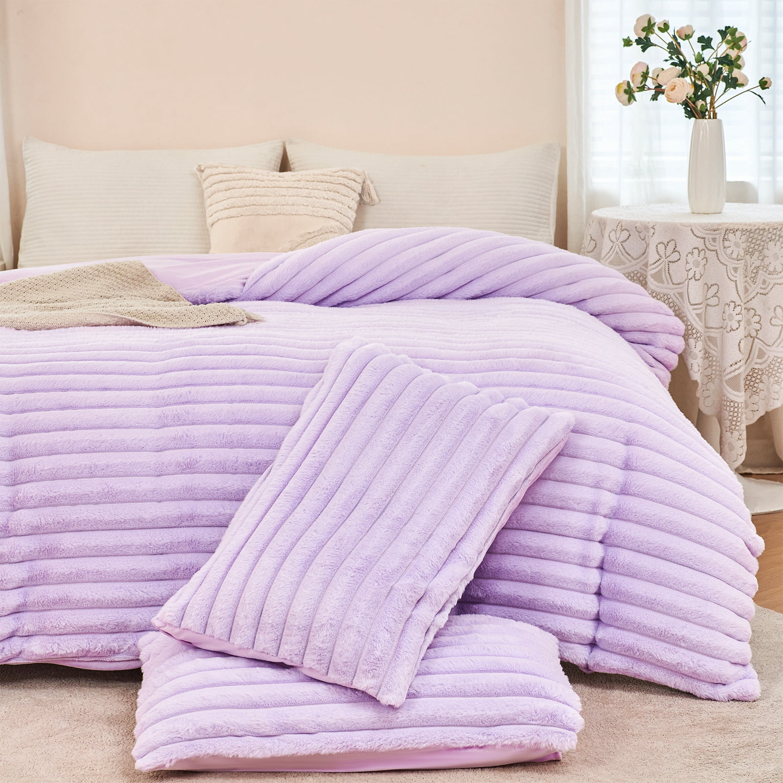ZRNBAST Fleece Twin Comforter Set, Light Purple Super Soft Furry Plush Bedding, Luxury Fluffy Fuzzy Heavy Bed Set for Winter with 2 Pillowcases(Light Purple,Twin)