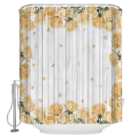Yellow Floral Pastoral Bathroom Shower Curtains with 12 Hooks Waterproof Shower Curtain for Stalls and Bathtubs Vintage Petals Farmhouse Wooden Plank Decorative Bathroom Privacy Curtain 72x84 Inches