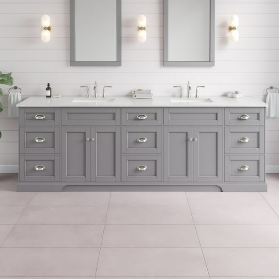Epic 96 in. Gray Double Sink  Bath Vanity with Carrara Quartz Top and Undermount Porcelain Sinks
