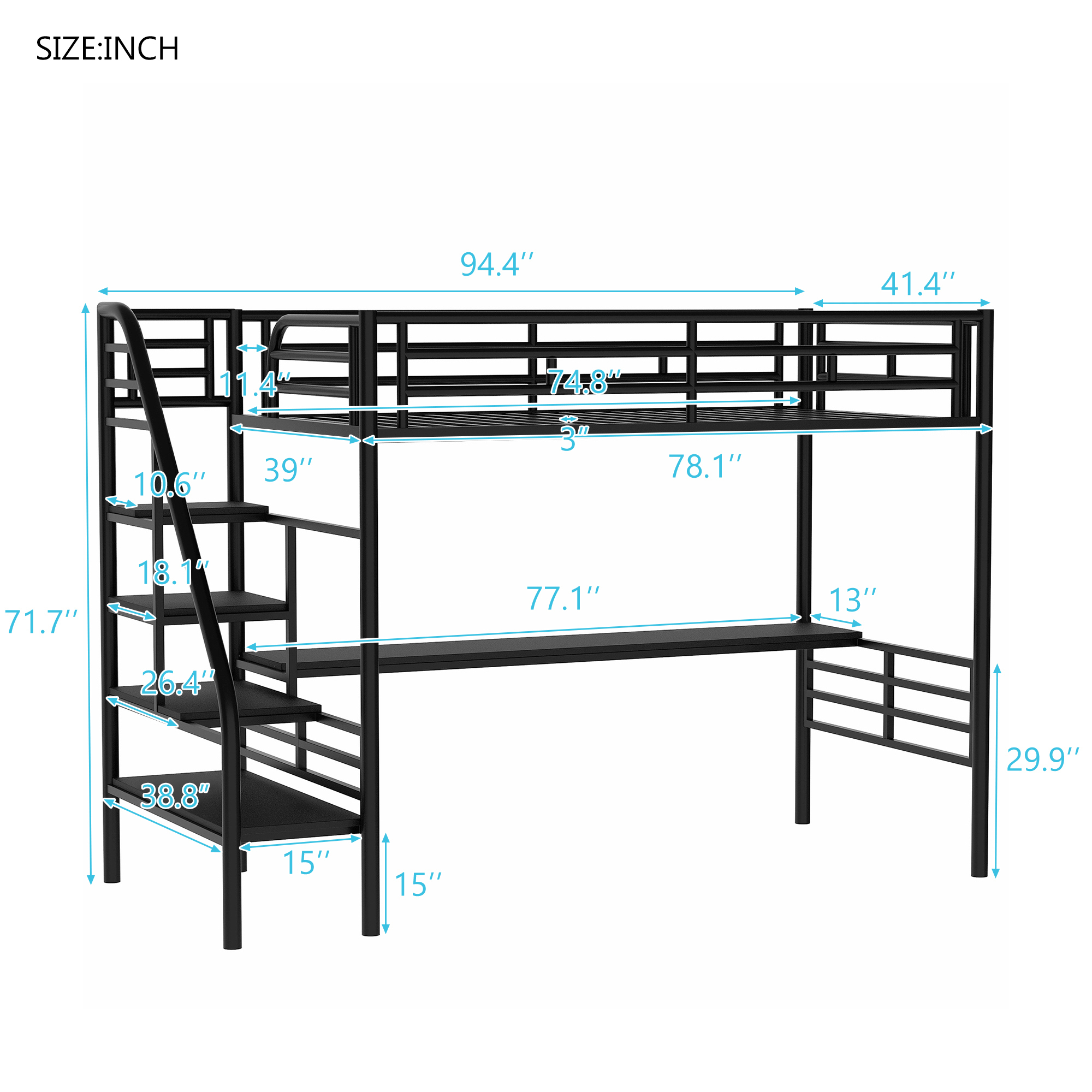 Euroco Metal Twin Size Loft Bed with Desk and Shelves, Heavy Duty Metal Slats, No Box Spring Required, Black