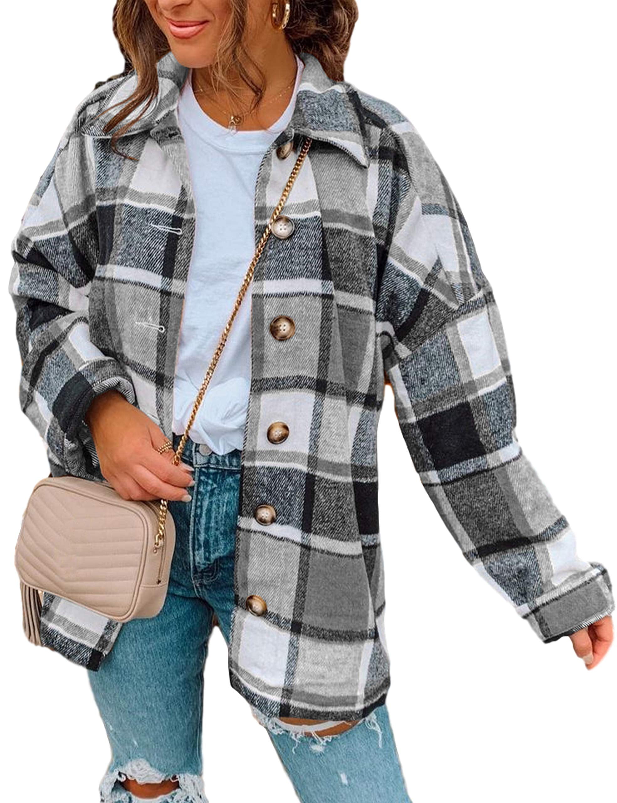 Lentta Women's Fall Color Block Plaid Flannel Shacket Jacket Button 