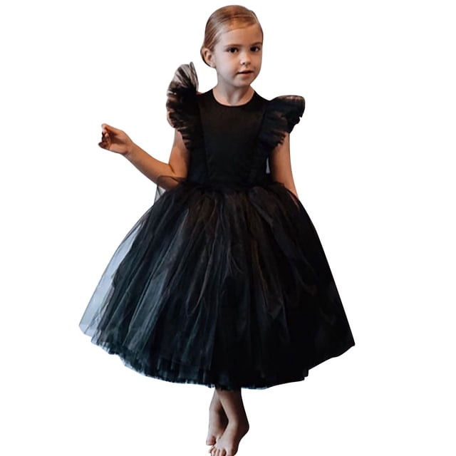 Ketyyh-chn99 Robe Sans Manches pour Filles, Robe pour Tout-Petits, Enfants, Bébé Fille, à Volants, Concours, Fête, Mariage, Robe en Tulle pour Fille, Manches Courtes, Robes de Princesse pour 5-6 Ans, Noir