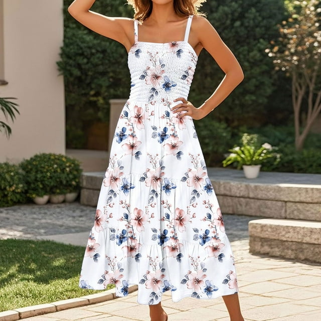 KIHOUT Robes Maxi à Bretelles Spaghetti pour Femmes Décontractées Imprimées Robe d'Été pour Femmes Plissée Plage Ligne A Fluide Robe d'Été
