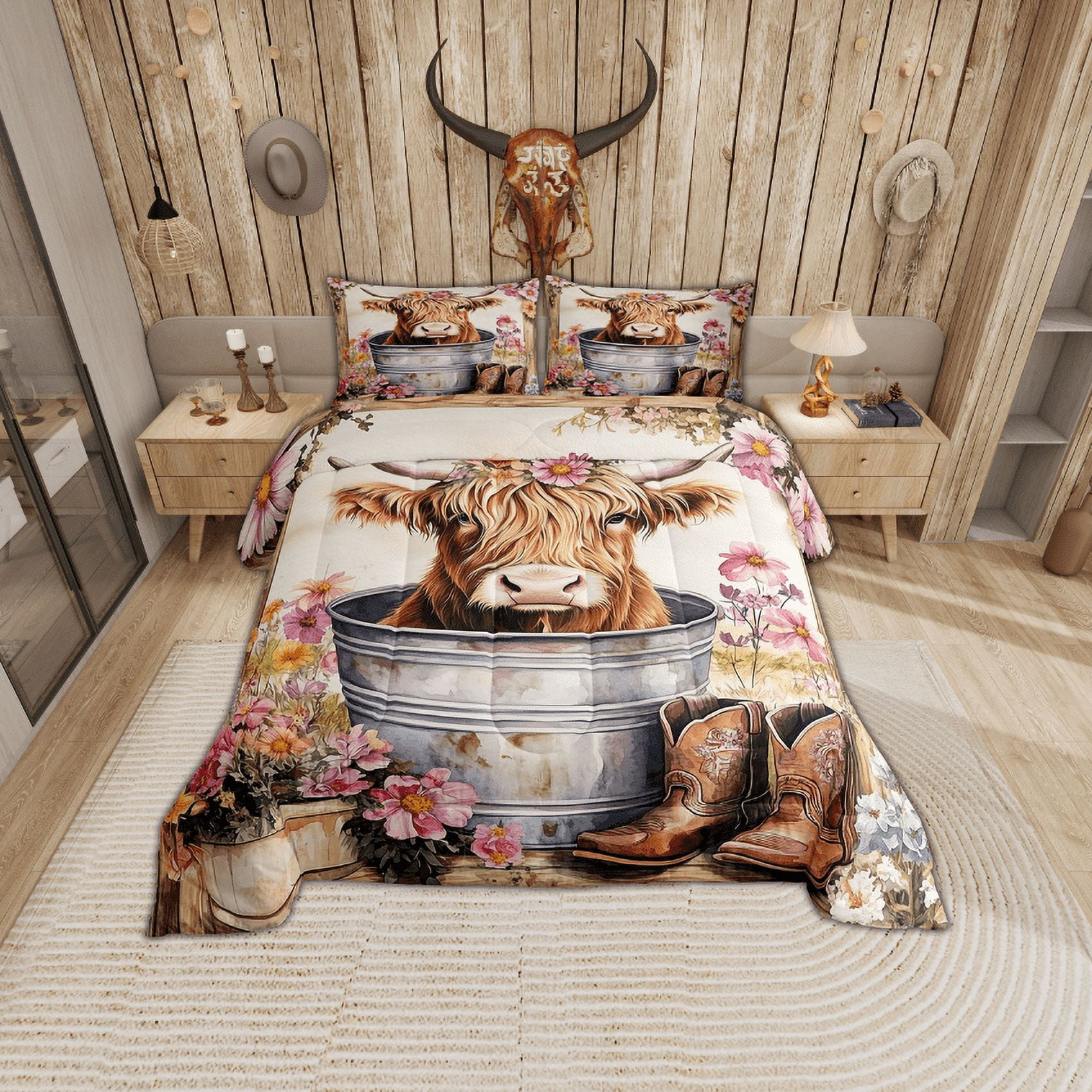 Erosebridal Cartoon Highland Bull Bedding Twin Comforter Set, Southwestern Cowboy Boots Down Comforter, Pink Floral Room Decor, Reversible 2-Piece