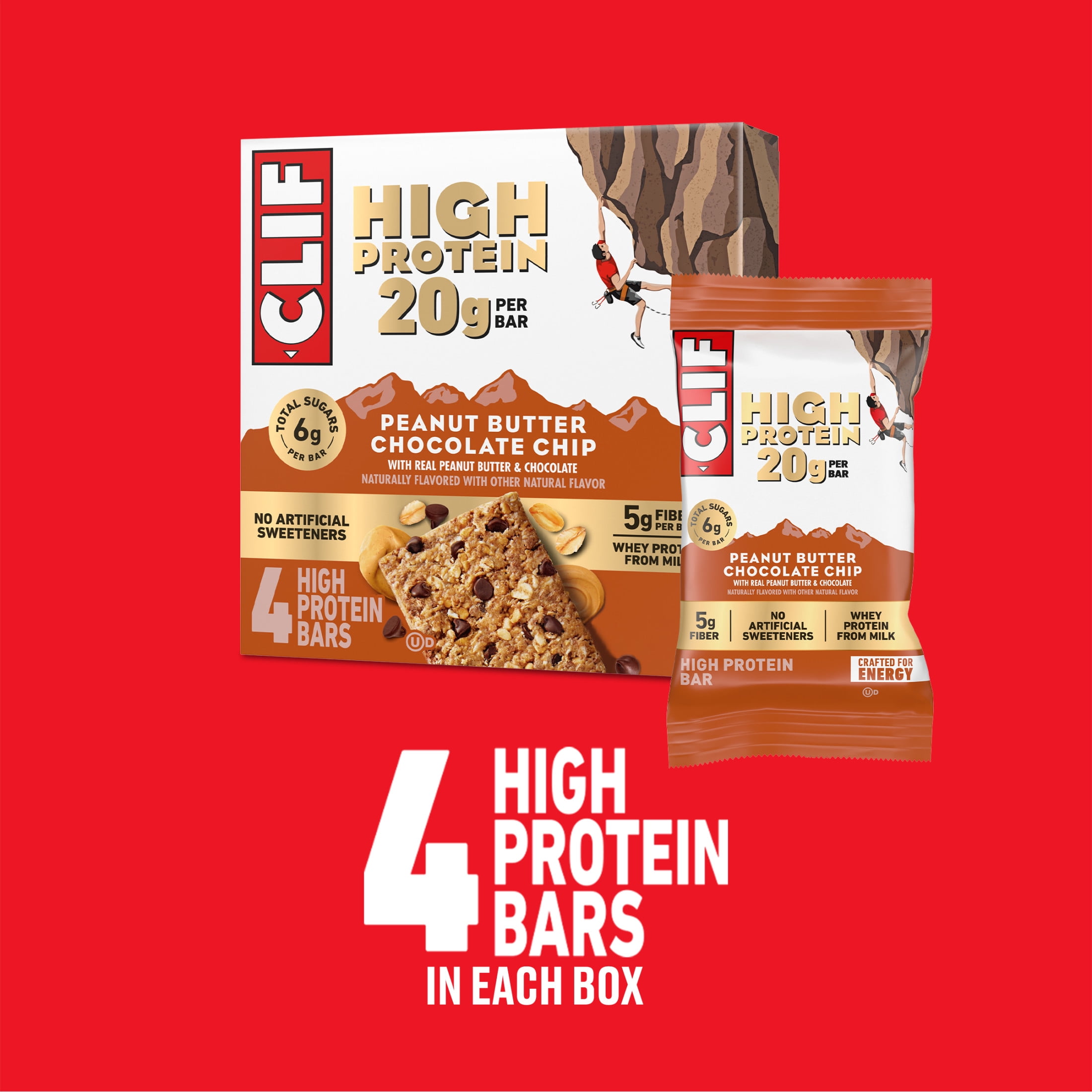 CLIF HIGH PROTEIN Bars - Peanut Butter Chocolate Chip - 20g Protein - 5g Fiber - Non-GMO (4 Count)