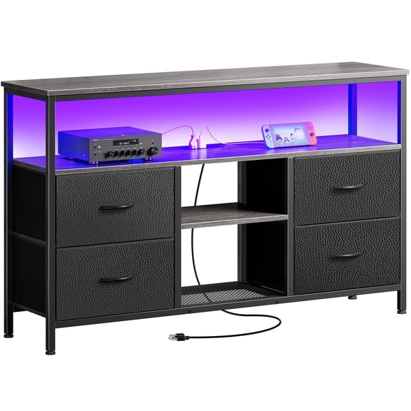 Amadwell TV Stand with Power Outlets & LED Lights, 4 Drawer Dresser Entertainment Center, Media Console with Open Shelf