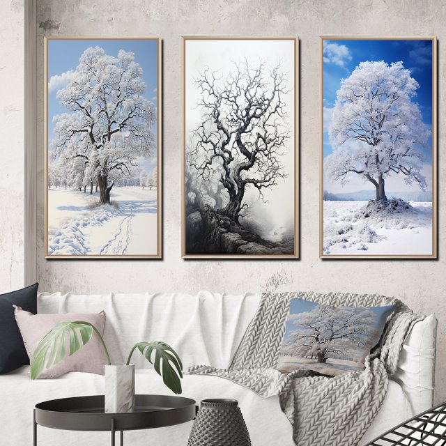 Designart "White Tree Winters beauty" Landscape Trees Framed Wall Art Set Of 3 - White Trees Frame Gallery Set For Office Decor