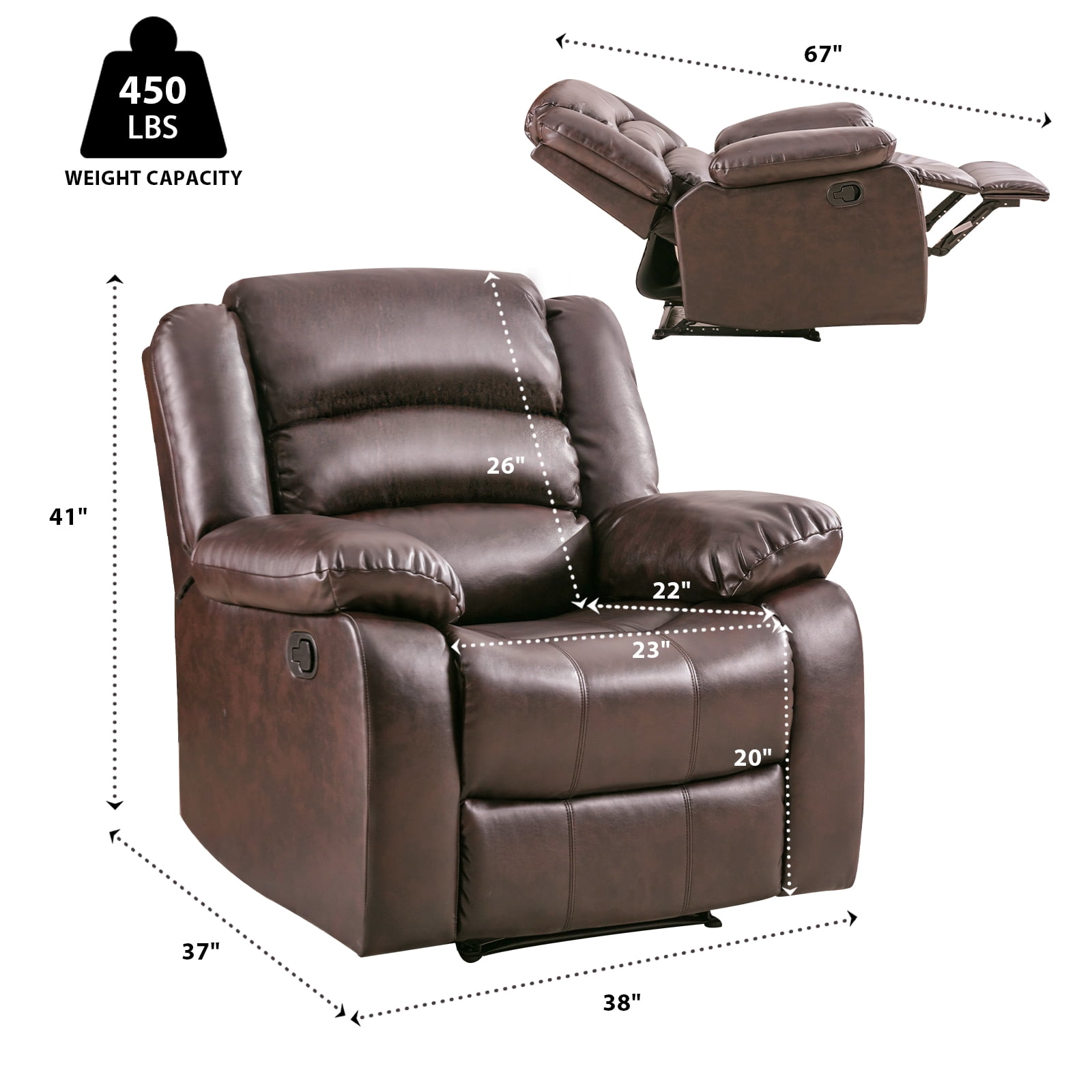 Bonzy Home Recliner Comfortable Arms and Back Faux Leather Single Reclining Modern Chair Sofa for Living Room Bedroom, Brown