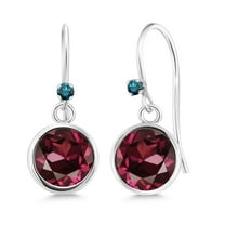 Gem Stone King 925 Sterling Silver Red Rhodolite Garnet Blue Diamond 925 Sterling Silver Dangle Earrings for Women (2.02 cttw, Round 6MM)