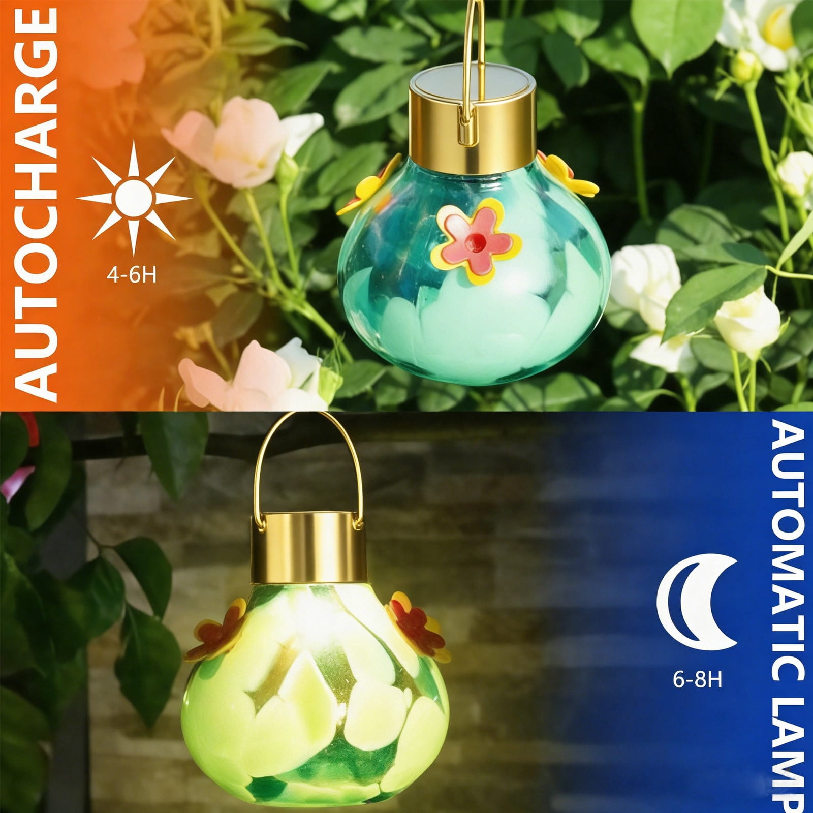 HengDidi Solar Hummingbird Feeder with LED Light, Glass Outdoor Bird Water Dispenser, Multicolor Design for Nighttime Use, Hanging Patio Garden Decoration to Attract Hummingbirds