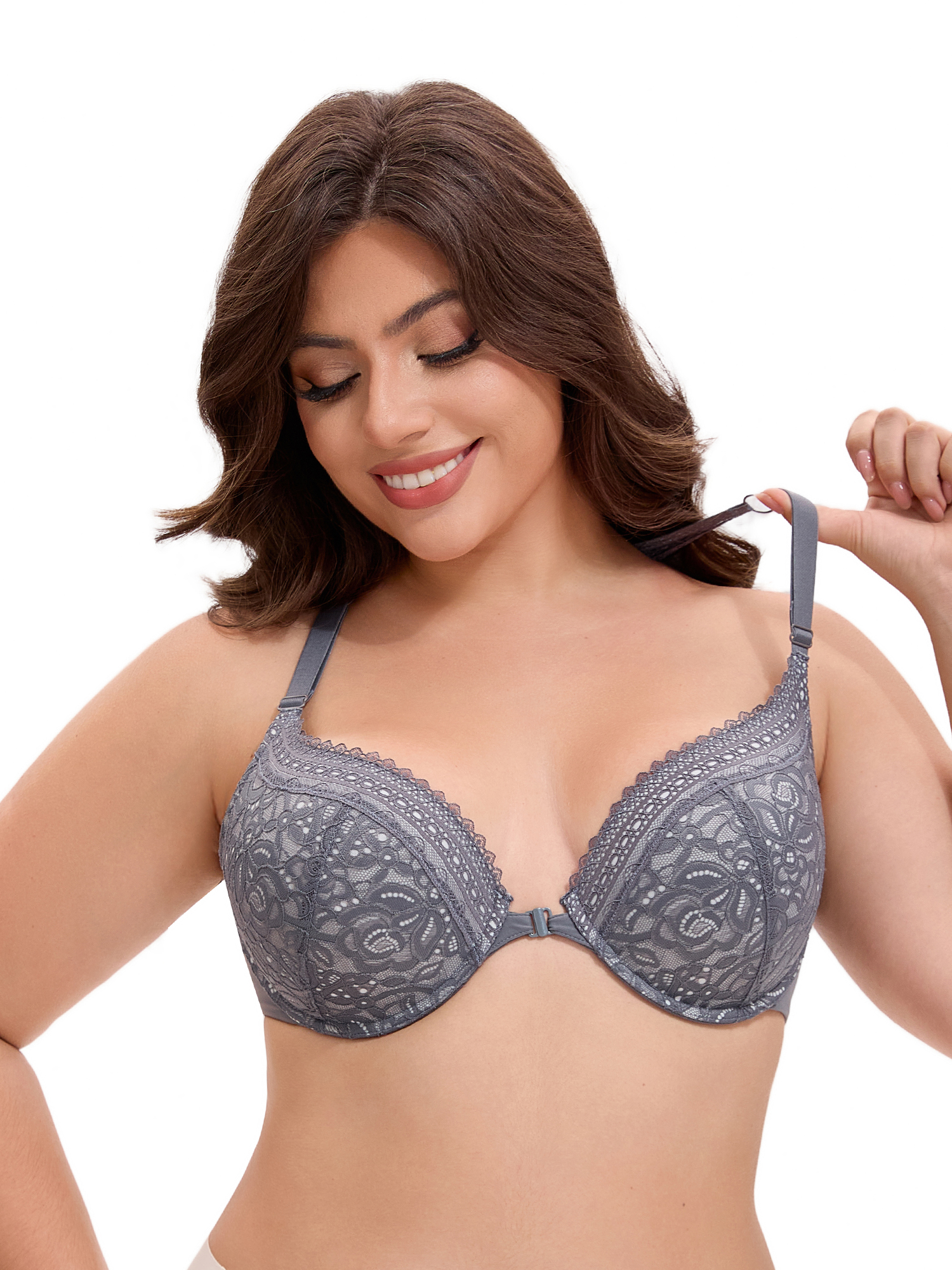 Unique Bargains Women's Lace Front Closure Push Up Underwire Bras Grey 42 D