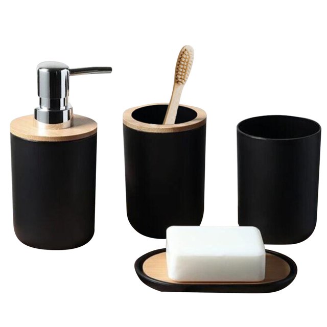 Accesorios de Baño 4 Piezas | Juego para Baño Moderno de Bambu | Juego de Accesorios de Plastico | Conjunto de 4 piezas para Baño