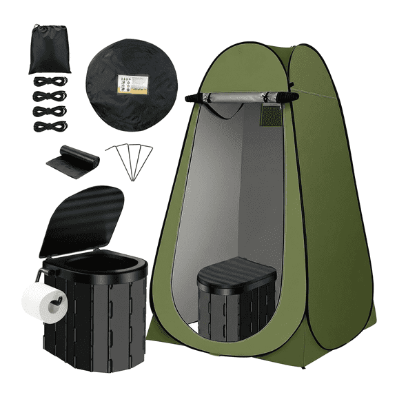 Portable Camping Toilet Kit with Pop-Up Privacy Tent & Toilet Bags - Complete Outdoor Bathroom System Includes Folding Seat, and Washable Shower Tent
