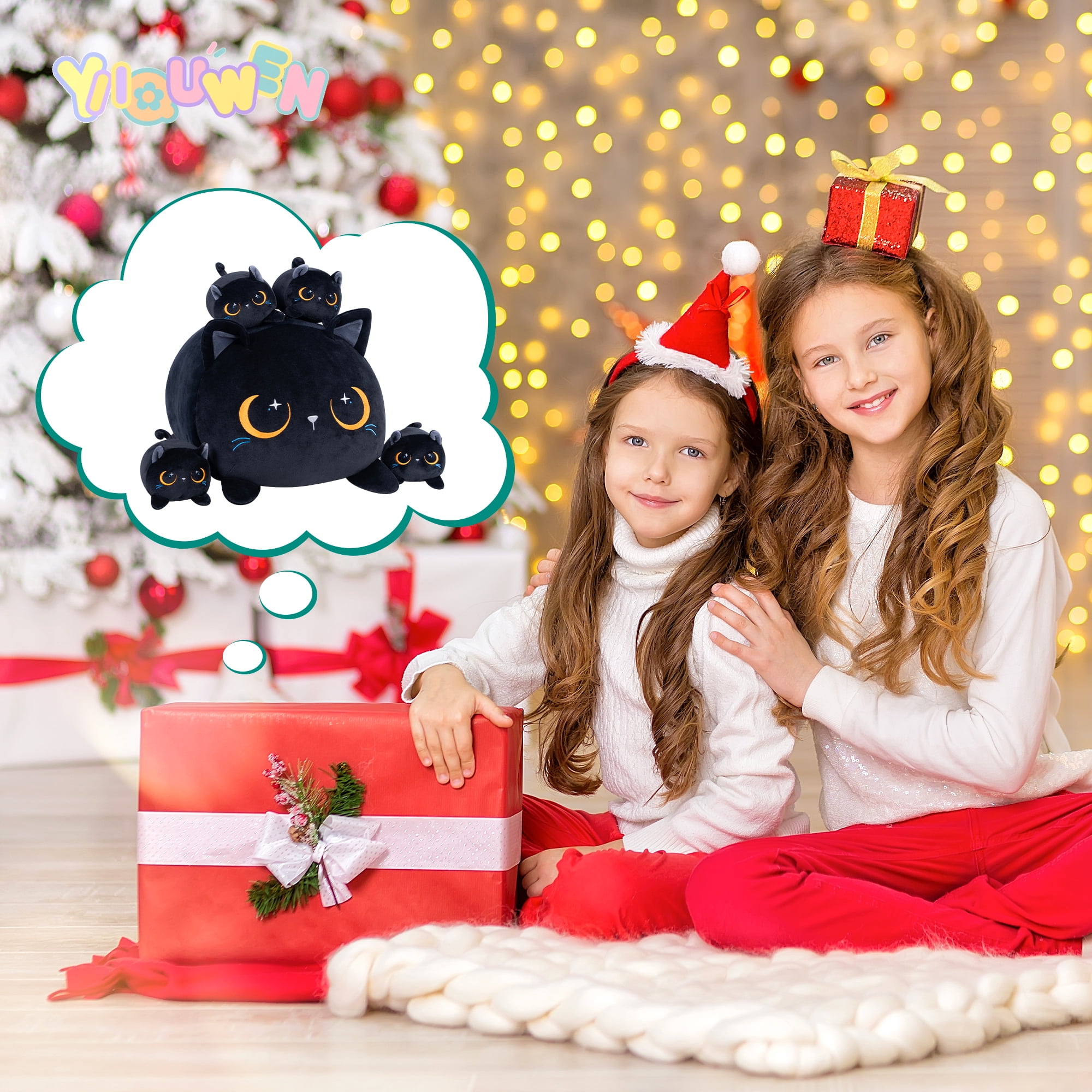 5Pcs Black Cat Stuffed Animal, Cats Mommy Plush Toy Set with 4 Baby, Soft Pillow, Christmas, Thanksgiving, Birthday Gift for Girls Boys Kids Decor