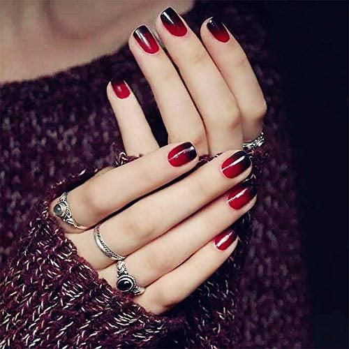24 Pcs Black Red Full Cover Short False Gradient Jewelry Maple Leaf Red  Nails Gel Nail Art Tips Sets for Christmas Decals Decoration 