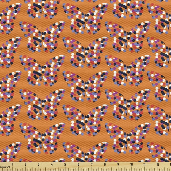 Butterfly Fabric by the Yard, Dotted Style Pattern of Rounds Flying Beauty Insects Spring Print, Upholstery Fabric for Dining Chairs Home Decor Accents, Orange and Multicolor by Ambesonne
