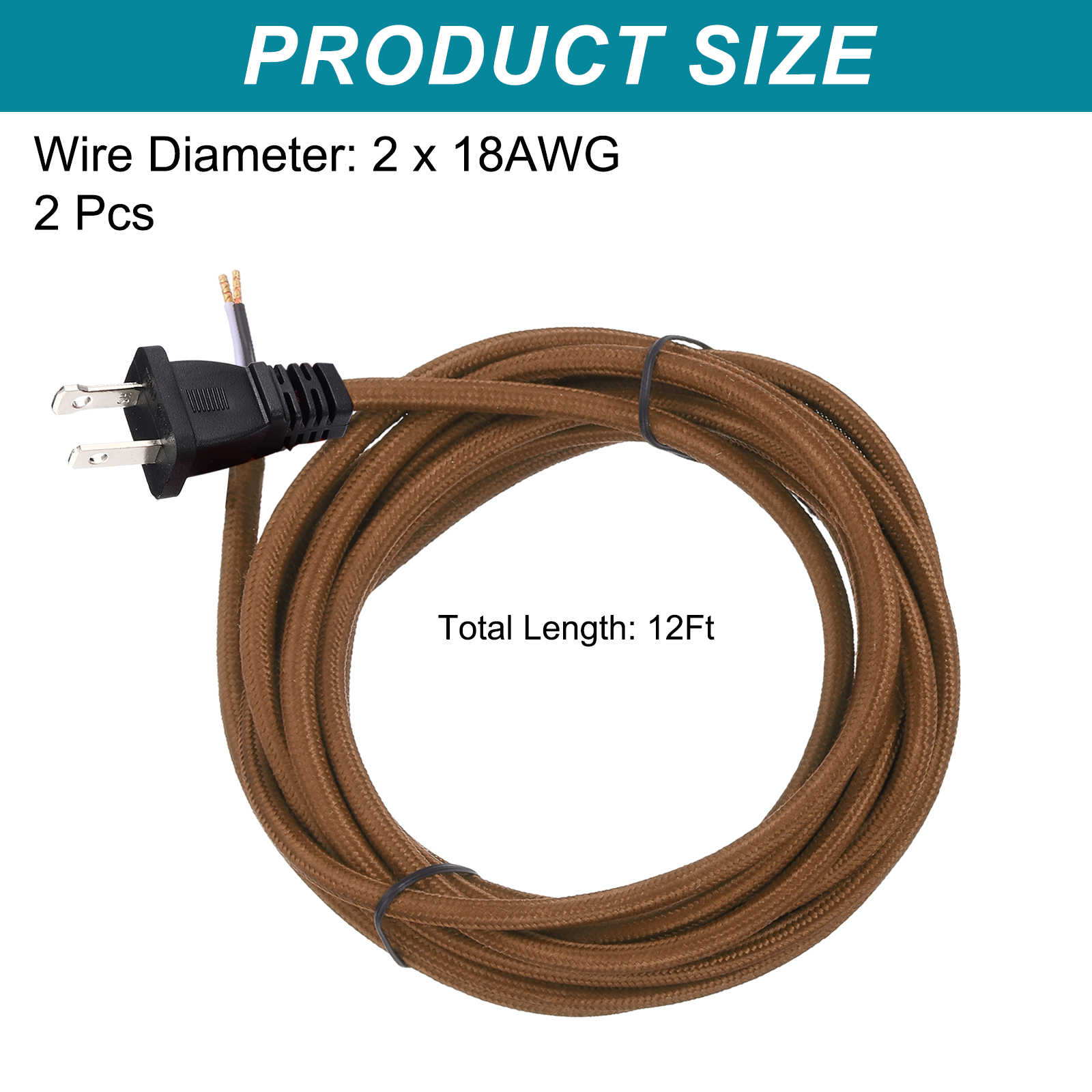 Uxcell 12Ft 18/2 Cloth Covered Lamp Cord with Plug, 2 Pcs Vintage Electrical Lamp Cord with Stripped Ends for Extension Wiring DIY Repairing, Brown