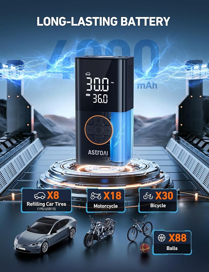 Compresseur Air Portatif 150PSI - Gonfleur Pneus Sans Fil, Batterie 6000mAh, écran Digital, Lampe LED